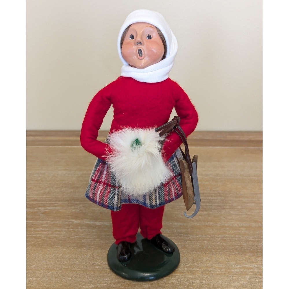 Byers Choice 1988 SIGNED Girl Red Skates Plaid White Muff Caroler VTG Christmas